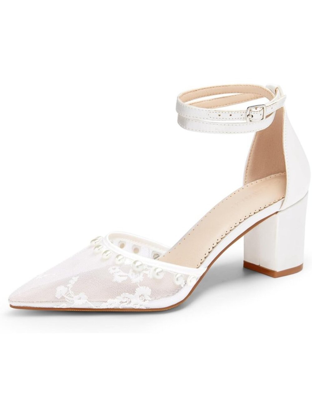 Women's White Lace Pearl Heels Shoes for Bride Closed Pointed Toe Ankle Pump